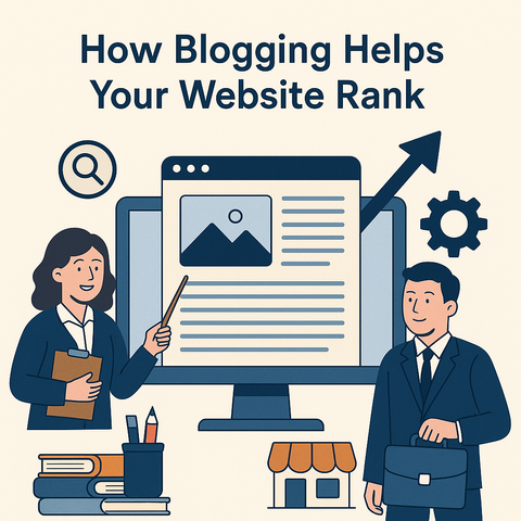 The illustration depicts a woman working on her laptop, creating blog content to improve her website's ranking, highlighting the positive impact of blogging on SEO.
