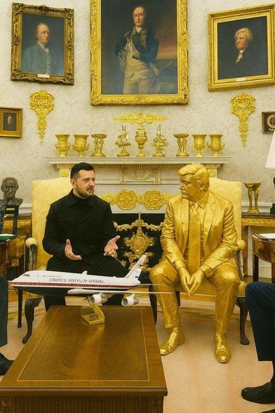 Trump has been retouched so he looks like he's turned to gold, like all the cheap gimgaws he has plastered all over the oval office. Zelensky is also in the photo. May be "AI" generated.