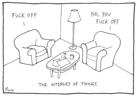 Drawing by Moose. Two empty armchairs swearing at each other; THE INTERNET OF THINGS.