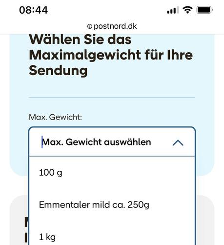 Screenshot der Website postnord.dk - automatisch übersetzt. In einer Reihe von Gewichtsangaben für Briefe steht zwischen 100 g und 1 kg die Angabe "Emmentaler mild ca. 250g". (Im Original steht da schlicht: 100 g, 250 g, 1 kg)