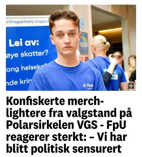 Avisoverskrift frå Rana Blad: "Konfiskerte merch-lightere fra valgstand på Polarsirkelen VGS - FpU reagerer sterkt: - Vi har blitt politisk sensurert"