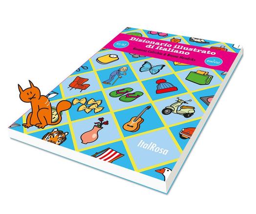 De cover van het Dizionario illustrato di italiano met daarbovenop een getekende kat.