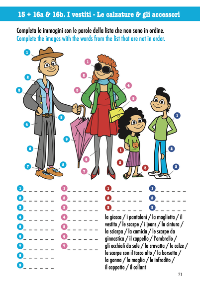 Een oefening horend bij de thema's 15 en 16: le calzature & gli accessori.