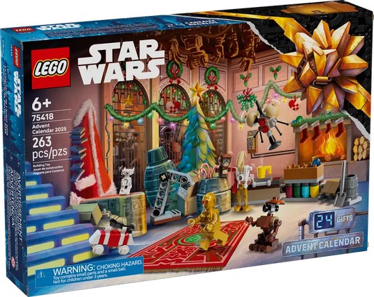Boîte de briques LEGO à l'image du calendrier de l'Avent de 2025. Les logos LEGO et Star Wars se trouvent dans le coin supérieur gauche, alors que dans le coin supérieur droit il y a l'image d'un nœud d'un paquet cadeau. L'image principale présente dans une scène inspirée des célébrations de Noël plusieurs droïdes dont C-3PO, le droïde protcolaire.
Dans le côté gauche, il y a les mentions habituelles comme l'âge minimum conseillé (6 ans), la référence LEGO de la boîte (75418), le nom du set en anglais (Advent Calendar 2025), le nombre de pièces (263).
Dans le coin inférieur droit la mention en anglais "24 Gift Advent Calendar"