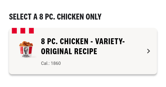8 piece chicken variety original recipe KFC bucket at 1860 calories