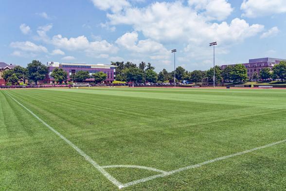 At the bottom and just a bit left of center is the corner of a soccer field with a quarter circle connecting the two sides,  parallel and perpendicular lines are in the grass as an artifact of how it was mowed,  at the far end of the field are lines of lights,  as well as isolated trees,  buildings and cumulus clouds in a blue sky above