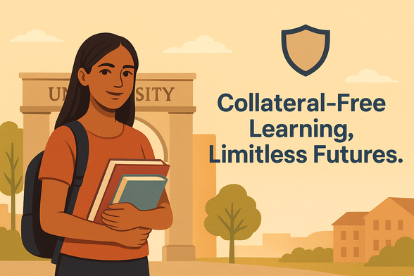 A digital illustration of a confident student holding books while standing in front of a university gate. A subtle shield icon in the background represents credit guarantee protection. The tagline reads: “Collateral-Free Learning, Limitless Futures.”