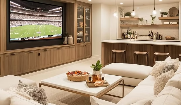 Modern basement finishing in Michigan featuring home theater, custom bar, and cozy lounge area – basement remodel Northville, Novi, South Lyon.