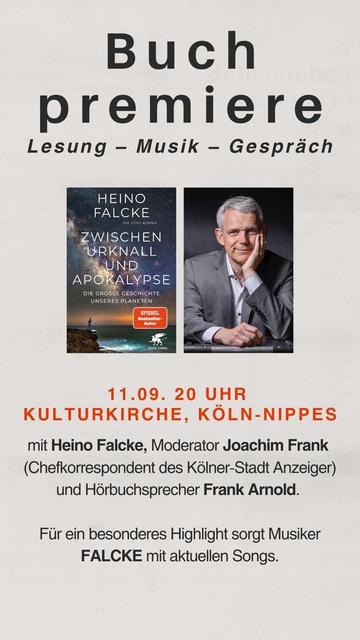 Event poster for a book premiere titled "Zwischen Urknall und Apocalypse" by Heino Falcke, featuring a reading, music, and discussion. Date and location: September 11, 20:00, Kulturkirche, Köln