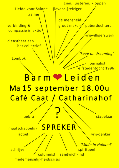 Poster waarop allerlei woorden behorend bij onze spreker (wiens naam we nog even voor ons houden . . . ) voor Barm ❤️ Leiden, 15 september a.s.. 
Woorden als 'elfstedentocht 1996; zebra; stapelaar; 'keep on dreamin' en zo meer. Wordt vervolgd, in de tussentijd maar eens nadenken wie dit zou kunnen zijn . . . .🙏🌻