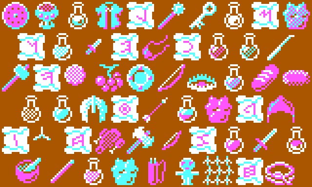 A jumbled collection of all the items in The Chambers Beneath, presented in the game's normal palette of brown, cyan, magenta and white. The 57 items include various weapons, armour, scrolls, potions, food and other tools and implements. A jumbled collection of all the items in The Chambers Beneath, presented in the game's normal palette of brown, cyan, magenta and white. The 57 items include various weapons, armour, scrolls, potions, food and other tools and implements.