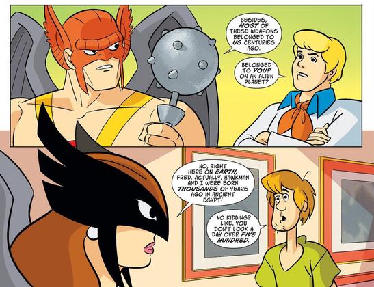 Hawkman, Hawkgirl, Fred Jones, and Shaggy Rogers. Art by Dario Brizuela