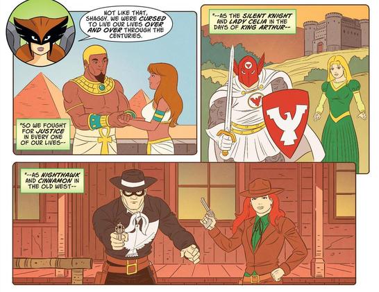 Hawkgirl explains to Shaggy the stupid convoluted post-Crisis origin story for the Hawks (and pulls it off in a page). Art by Dario Brizuela.