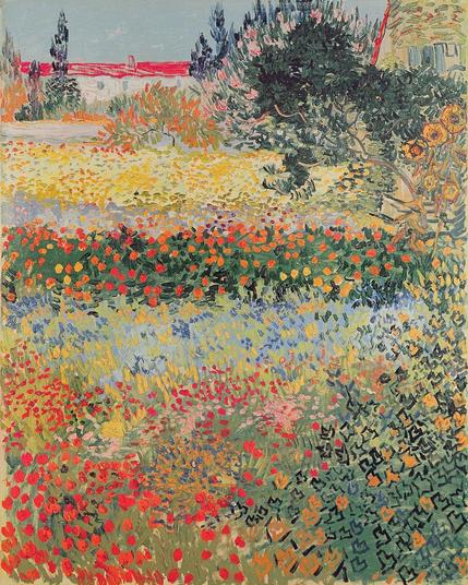 Schilderij: Vincent van Gogh, Tuin in bloei (1888)

Bloemen in stippen en streken. Een orkest van kleuren. De verf lijkt haast te bewegen, als de wind door een bloemenveld.
Via Meisterdrucke.nl