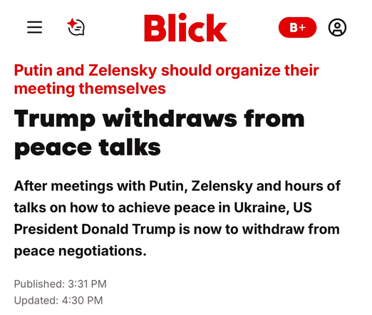 The image is a screenshot of a news article from a website called "Blick".  The headline announces that Donald Trump has withdrawn from peace talks regarding the conflict in Ukraine, following meetings with both Putin and Zelensky.  A sub-headline suggests that Putin and Zelensky should organize their own meeting. The article provides a brief summary of the situation, stating that after hours of discussion, Trump has decided to withdraw from peace negotiations.  The publication time is indicated.
