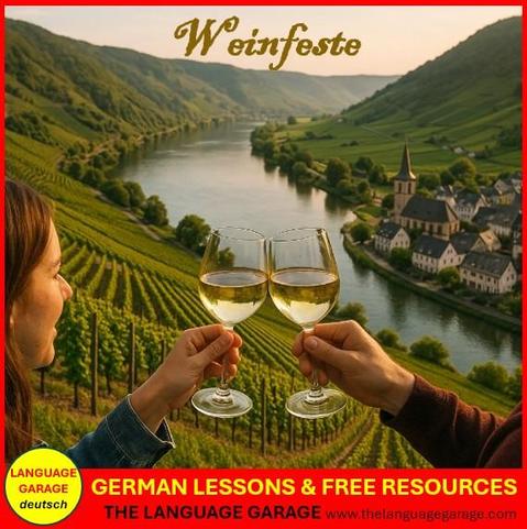 Culture note on the wine festivals of Germany, Switzerland, and Austria, image of a couple toasting with white wine over a German vineyward
