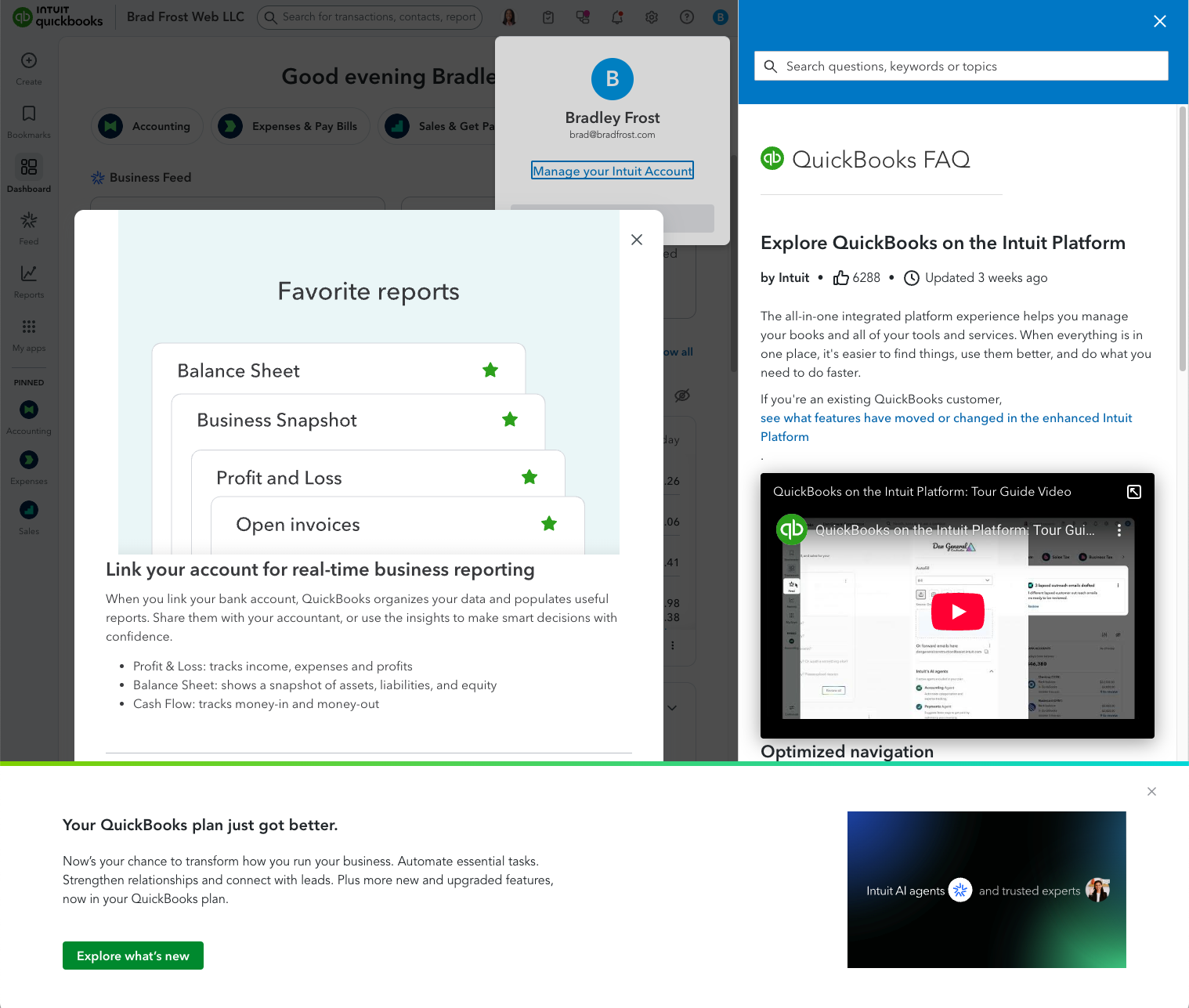 A screenshot of Quickbooks with 4 different modal overlays