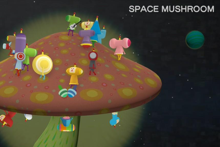 Cropped screenshot from the game in question, showing the label "SPACE MUSHROOM" in the upper-right corner, in white on a black background, in Gorton. The screenshot is dominated by a cartoon mushroom whose cap is covered, top and bottom, with the Prince and many of his cousins (characters from the game).