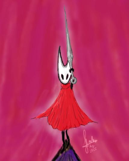 Quick sketch-drawing of Hollowknight: Silksong protagonist Hornet raising her Needle sword. The background is fiery amber, as per usual lore situation I think...