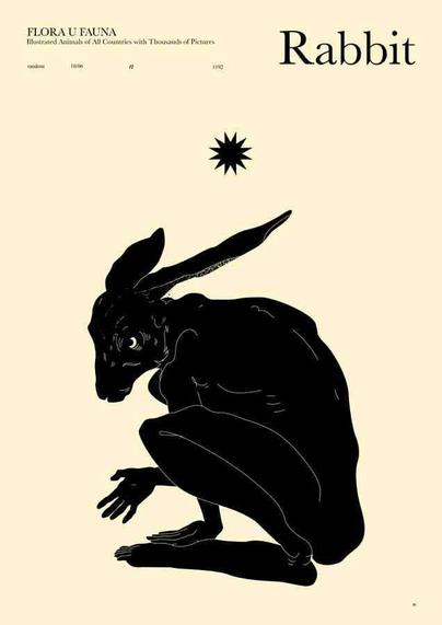 Black stylized rabbit figure crouches with long ears and star above on a pale yellow background with text.