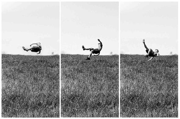 Triptych of a person falling mid-air over a grassy field against a clear sky.