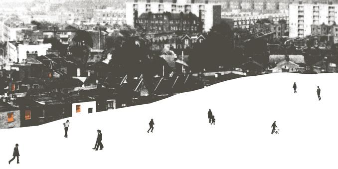 Une illustration de l'album "Déplacements" d'Elisa Sartori où l'on voit plusieurs personnages déambuler dans une ville.