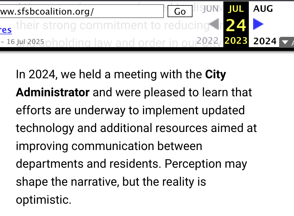 A screenshot from the Wayback Machine that is dated as July 24th, 2023, but text in the document mentions things that hadn't happened yet. Like meetings held in 2024". 