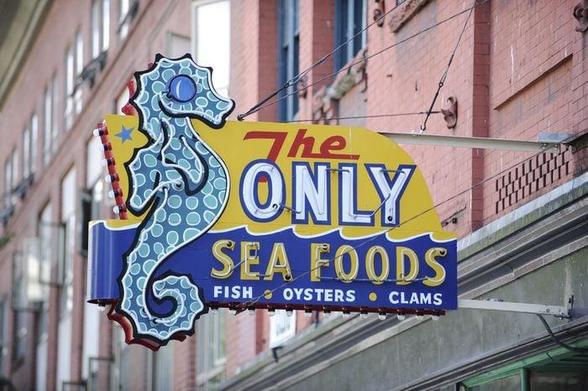 The refurbished sign (2006) for The Only Sea Foods Restaurant at 20 East Hastings Street.