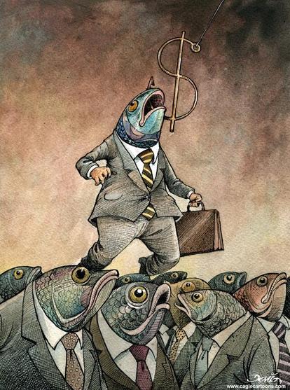Es una imagen metafórica de muchos peces vestidos como humanos caminando atolondrados en todas direcciones mientras un anzuelo con forma del símbolo del dinero agarra a uno de ellos mientras la persona-pez muerde el anzuelo y es empujado hacia arriba...
