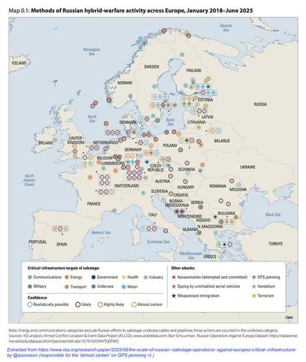 Map from IISS of attacks on critical infrastructure in Europe by Russia