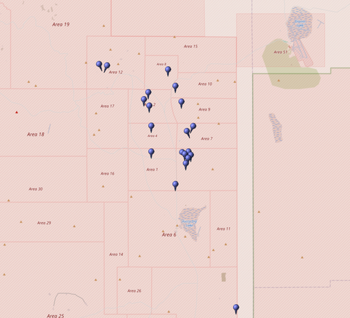 Kartierung aller Koordinaten von "Operation Plumbbob (Atomtest)" im Testgebiet Nevada (Nevada National Security Site, NNSS)
Quelle: OpenStreetMap
Lizenz: Open Data Commons Open Database-Lizenz (ODbL)