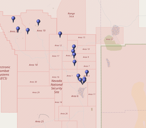 Kartierung aller Koordinaten von "Operation Touchstone (Atomtest)" im Testgebiet Nevada (Nevada National Security Site, NNSS)
Quelle: OpenStreetMap
Lizenz: Open Data Commons Open Database-Lizenz (ODbL)