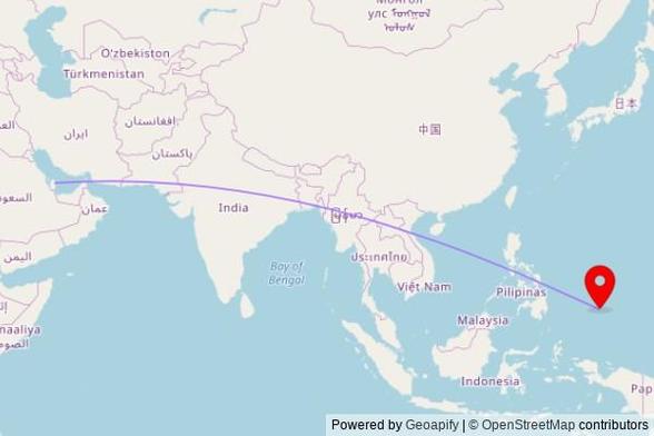 A map showing the great circle route from Al Khor and Al Thakhira in Qatar to a map pin at Palau Seventh-day Adventist Church, Main Street, Koror, Palau