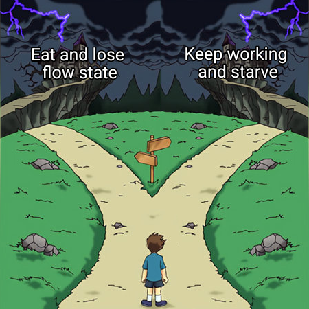 The image depicts a young boy standing at a fork in the road, facing a decision. The background features a dark, stormy sky with lightning bolts, adding a dramatic atmosphere. The boy is positioned in the center, looking down the two diverging paths. On the left path, there is a signpost with the text "Eat and lose flow state," leading to a path that appears to lead to a cliff. On the right path, the signpost reads "Keep working and starve," leading to a path that also seems to lead to a cliff. The boy is wearing a blue shirt, dark shorts, white socks, and dark shoes. The grassy area is dotted with rocks, and the paths are narrow and unpaved. The overall scene conveys a sense of choice and consequence.