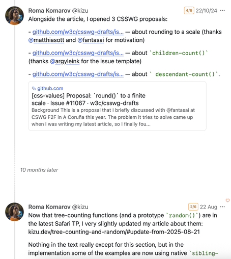 Screenshot of two posts by Roma Komarov (@kizu) discussing CSSWG proposals related to CSS functions for rounding, children-count(), descendant-count(), and tree-counting functions including a prototype random(). Between the posts show a text "10 months later".