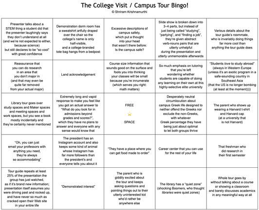 The College Visit / Campus Tour Bingo!
5x5 grid
Lots of sardonic text
Too much to fit in alt text, sorry
Ask if you want details