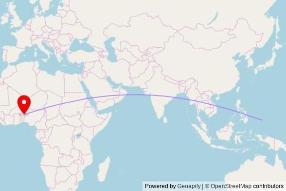 A map showing the great circle route from Koror in Palau to a map pin at Grande Mosquée de Gamia, RNIE 2, Gamia, Benin