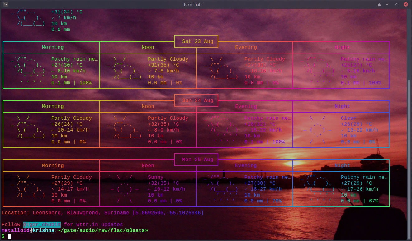The image shows a terminal window with weather forecasts overlaid on a scenic sunset background. The terminal displays weather data for Leonsberg, Blawongrd, Suriname, with coordinates 5.869250, 55.102634. The forecasts are for three consecutive days: Saturday, August 23rd; Sunday, August 24th; and Monday, August 25th. Each day's forecast is divided into morning, noon, evening, and night sections, with conditions such as "Patchy rain ne," "Partly Cloudy," and "Sunny" indicated. Temperatures range from 27°C to 35°C, with wind speeds up to 18 km/h. The background features a sunset over a body of water, with a silhouette of a structure visible on the horizon. The terminal's command line shows a user prompt, indicating an active session.

Provided by @altbot, generated privately and locally using Ovis2-8B

🌱 Energy used: 0.212 Wh
