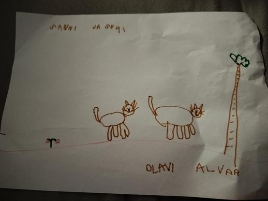 A drawing of two cats walking in the yard. There's a tree in the picture and one flower. 