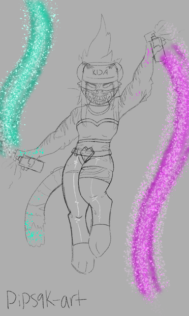 ID: A digital sketch of Akali from the "POP/STARS" music video as an anthro tiger. She is floating in space and spraying teal and pink spray paint. End ID.