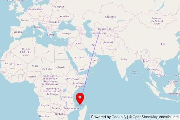 A map showing the great circle route from Khiva in Uzbekistan to a map pin at مسجد لينكني, Route Nationale 23, Lingoni, Comoros
