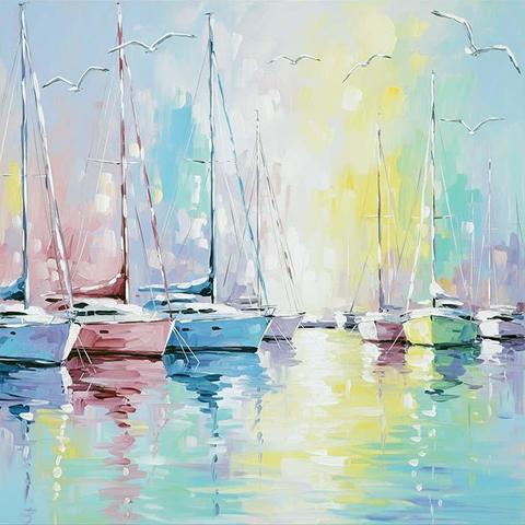 Colorful sailboats are gently floating on a reflective body of water, surrounded by a pastel sky filled with seagulls. Vibrant hues create a serene and lively seascape, capturing the essence of a peaceful marina.