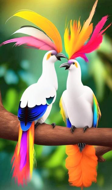 Artwork of two beautiful birds of fancy multiple bright colors sitting on a branch 