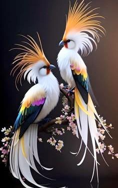 Artwork of two gorgeous fancy and bright colorful beautiful feathered birds sitting on a branch with lovely little flowers on it