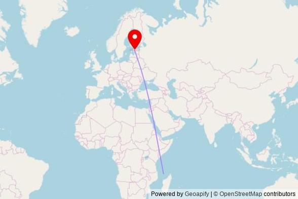 A map showing the great circle route from Comoni in Comoros to a map pin at EEVK Nissi palvemaja, Kadaka tee 1, 76202 Riisipere, Estonia