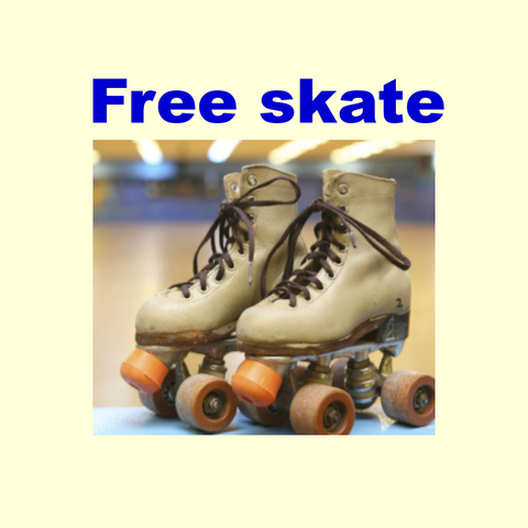 A pair of roller skates is shown in front of a blurred background of a roller rink. 