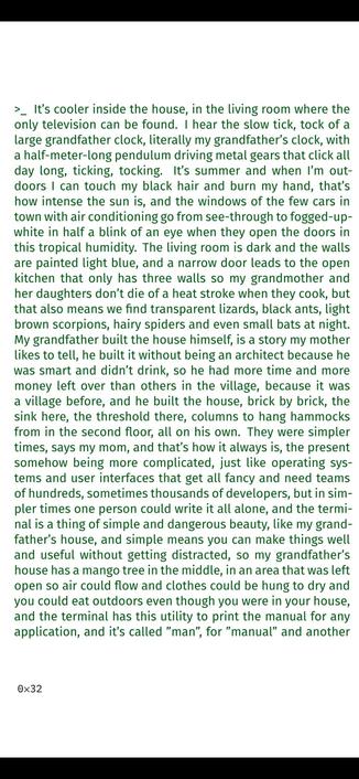 >_ It’s cooler inside the house, in the living room where the
only television can be found. I hear the slow tick, tock of a
large grandfather clock, literally my grandfather’s clock, with
a half-meter-long pendulum driving metal gears that click all
day long, ticking, tocking. It’s summer and when I’m out-
doors I can touch my black hair and burn my hand, that’s
how intense the sun is, and the windows of the few cars in
town with air conditioning go from see-through to fogged-up-
white in half a blink of an eye when they open the doors in
this tropical humidity. The living room is dark and the walls
are painted light blue, and a narrow door leads to the open
kitchen that only has three walls so my grandmother and
her daughters don’t die of a heat stroke when they cook, but
that also means we find transparent lizards, black ants, light
brown scorpions, hairy spiders and even small bats at night.
My grandfather built the house himself, is a story my mother
likes to tell, he built it without being an architect because he
was smart and didn’t drink, so he had more time and more
money left over than others in the village, because it was
a village before, and he built the house, brick by brick, the
sink here, the threshold there, columns to hang hammocks
from in the second floor, all on his own.