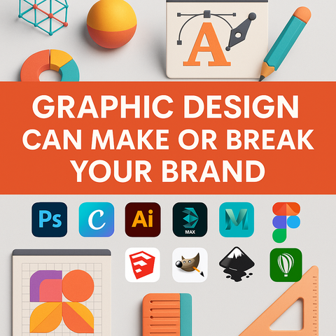 The image is a vibrant 3D rendering showcasing various graphic design tools and elements, emphasizing the crucial role of graphic design in brand building.