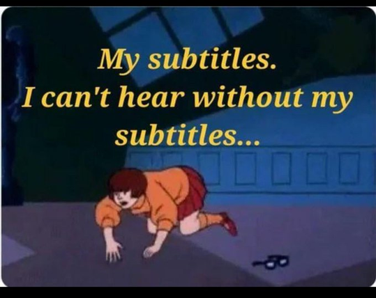 A meme featuring a still image of the character Velma from the cartoon Scooby-Doo.

The image shows Velma on her hands and knees, crawling on the floor as she desperately searches for her lost glasses.

The caption is a parody of her famous catchphrase, and it reads: "My subtitles. I can't hear without my subtitles...".