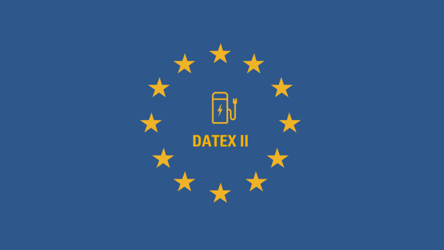 The image shows the flag of the European Union (blue with 12 golden stars). In the middle is an EV charging station icon and the text 'DATEX II'.